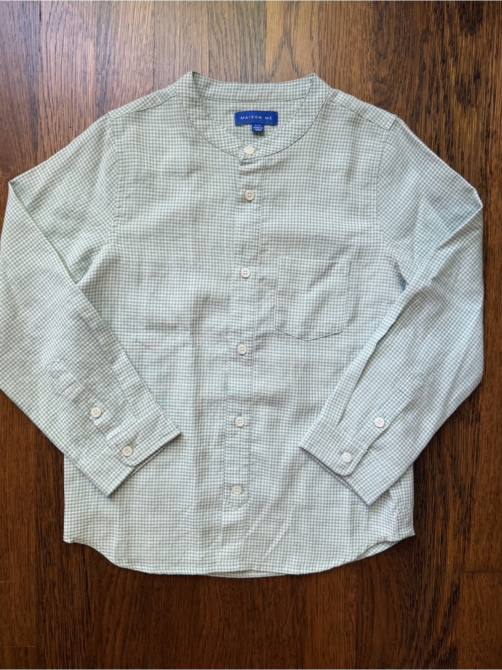 Maison Me Light Green Check Cotton Band Collar Shirt 6-7Y